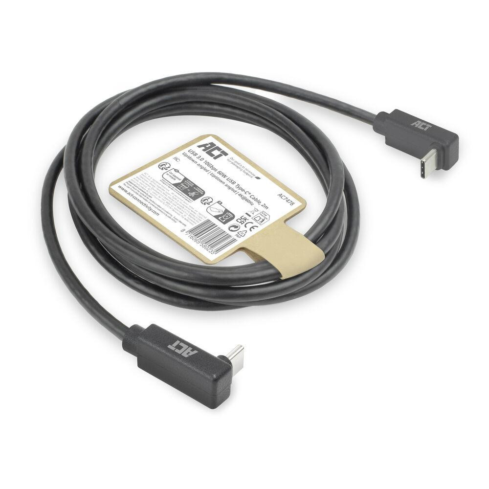 USB-C кабел ACT, USB-C към USB-C, 2м, 10Gbps, 60W, ъглов нагоре/надолу, черен - AC7478 - 6