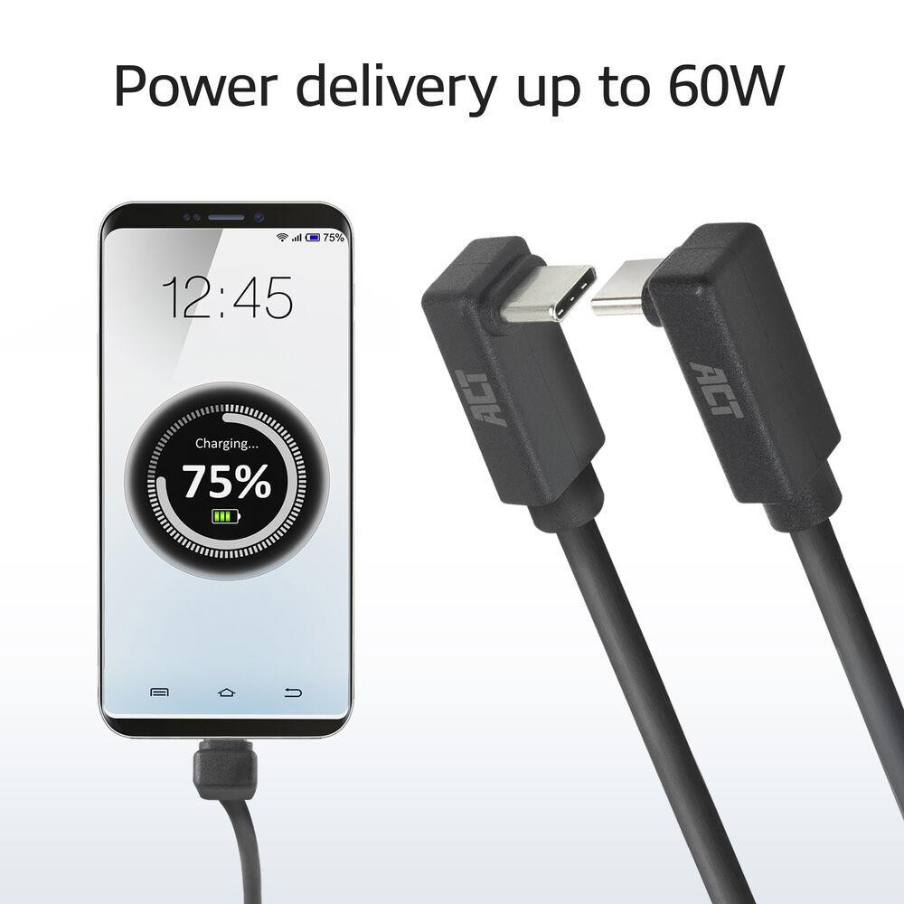Кабел ACT USB-C към USB-C, 10Gbps, 60W, 0.5м, ъглови конектори 90° - AC7476 - 3