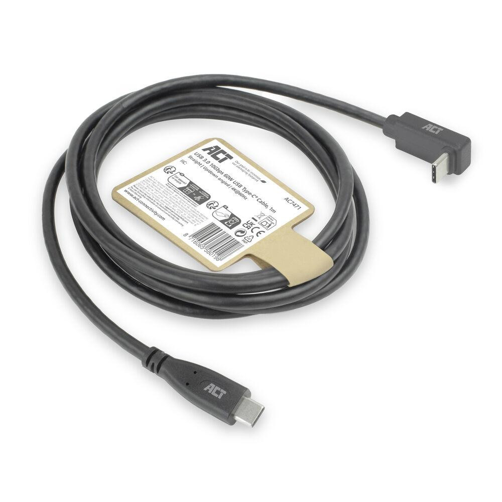 Кабел ACT USB-C към USB-C, 10Gbps, 60W, 1 м, прав и ъглов на 90° конектор, черен - AC7471 - 6