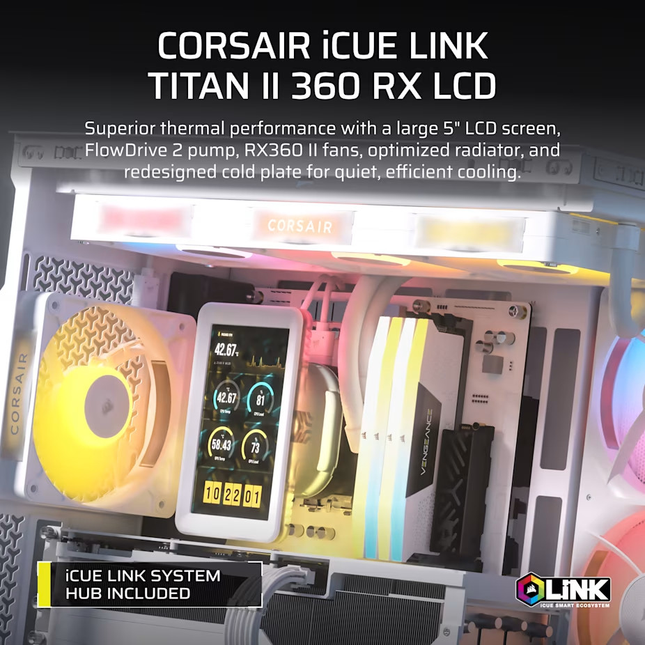 Водно охлаждане за процесор CORSAIR iCUE LINK TITAN II 360 RX LCD White, 360mm, 3x120mm, Intel/AMD - CW-9061046-WW - 2
