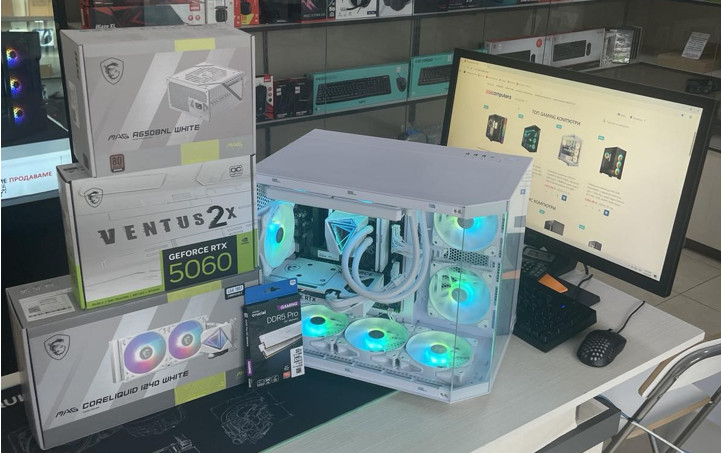 Геймърски бял панорамен компютър с RTX 5060 За ежедневна AI употреба