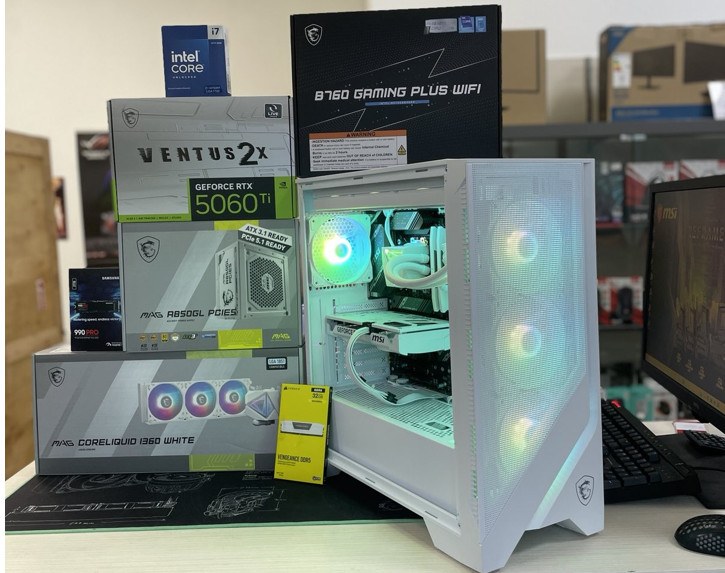 Геймърски бял компютър с RTX 5060 Ti за ежедневна AI употреба