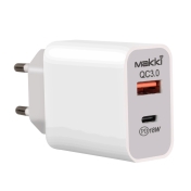 Зарядно за стенаMakki Fast Charger Wall - QC3.0 + Power Distribution Type-C 18W White - MAKKI-PQ18W-WH