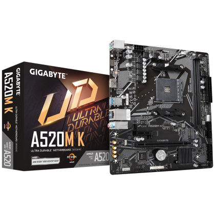 Дънна платка Gigabyte A520M K, AM4, mATX, 2xDDR4, M.2 NVMe