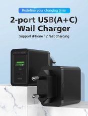 Бързо зарядно Vention Fast Charger Wall - QC4.0, PD Type-C + QC3.0 USB A, 20W Black - FBBB0